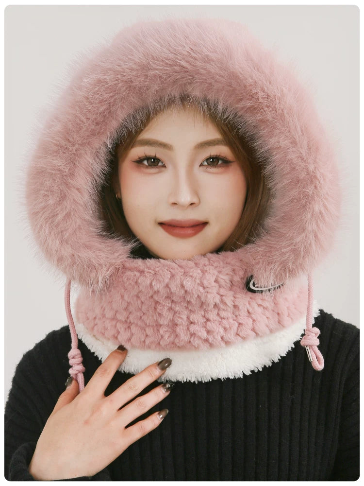 Women's Cozy Plush Winter Hood Scarf Set - All-in-One Hat, Scarf & Gloves | Polyester Cold-Proof Gear