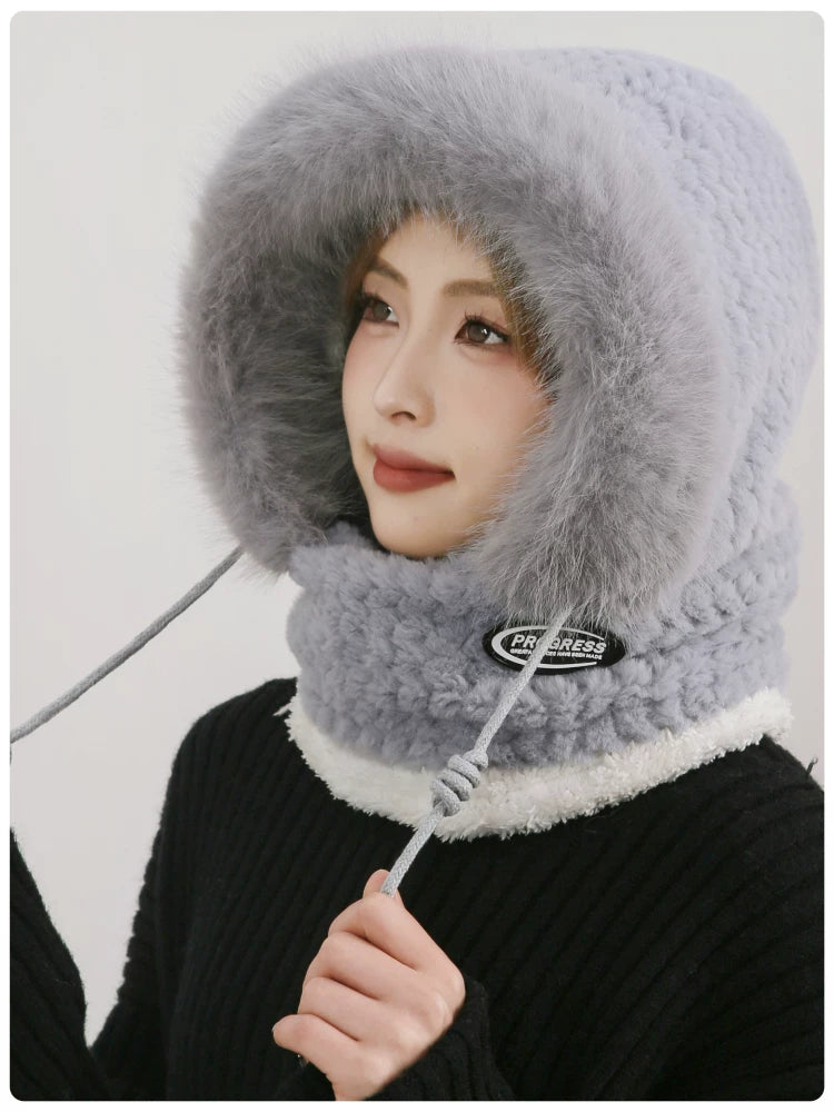 Women's Cozy Plush Winter Hood Scarf Set - All-in-One Hat, Scarf & Gloves | Polyester Cold-Proof Gear