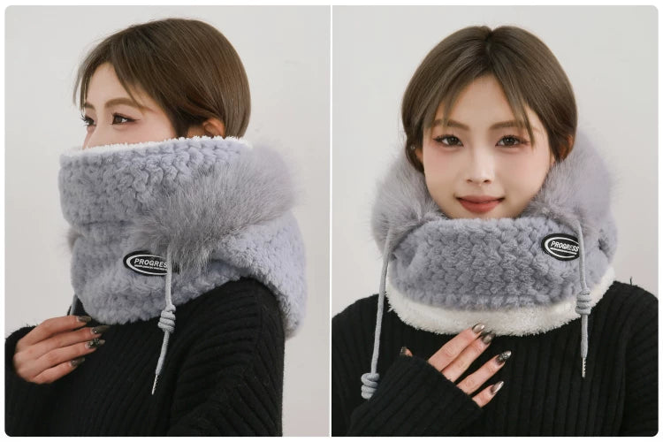 Women's Cozy Plush Winter Hood Scarf Set - All-in-One Hat, Scarf & Gloves | Polyester Cold-Proof Gear