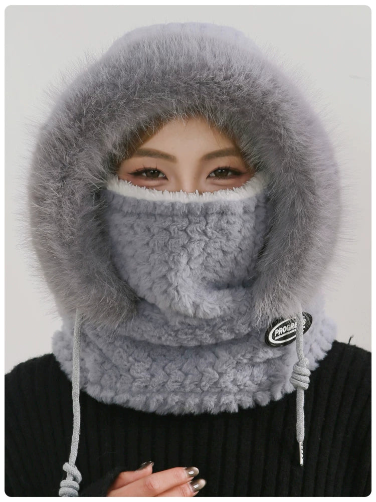 Women's Cozy Plush Winter Hood Scarf Set - All-in-One Hat, Scarf & Gloves | Polyester Cold-Proof Gear