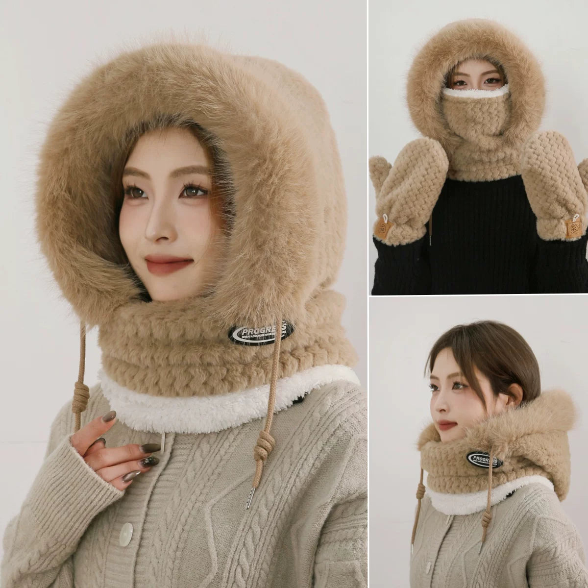 Women's Cozy Plush Winter Hood Scarf Set - All-in-One Hat, Scarf & Gloves | Polyester Cold-Proof Gear