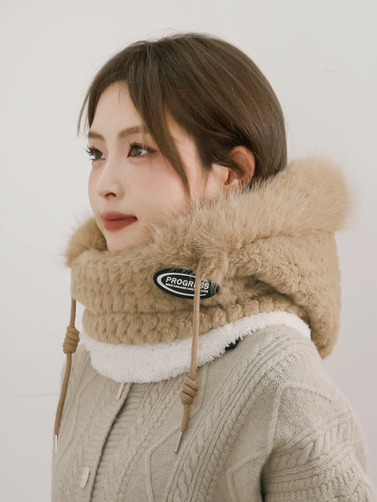 Women's Cozy Plush Winter Hood Scarf Set - All-in-One Hat, Scarf & Gloves | Polyester Cold-Proof Gear