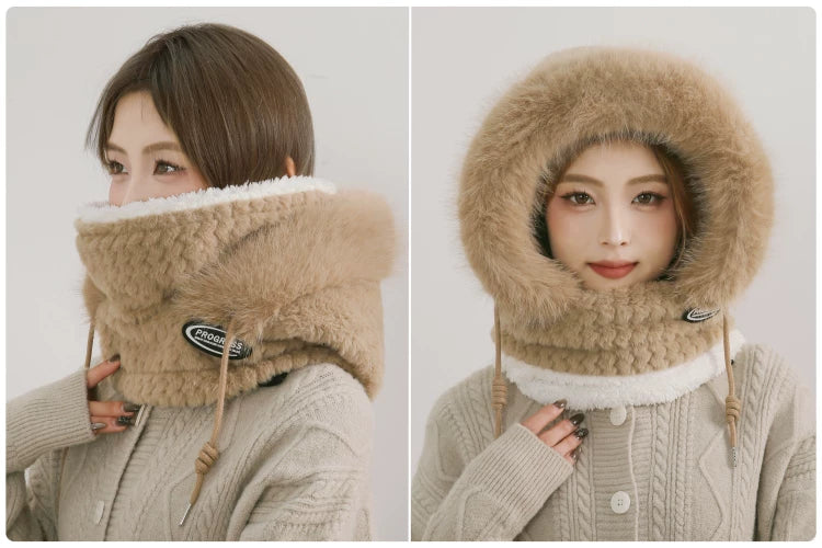 Women's Cozy Plush Winter Hood Scarf Set - All-in-One Hat, Scarf & Gloves | Polyester Cold-Proof Gear