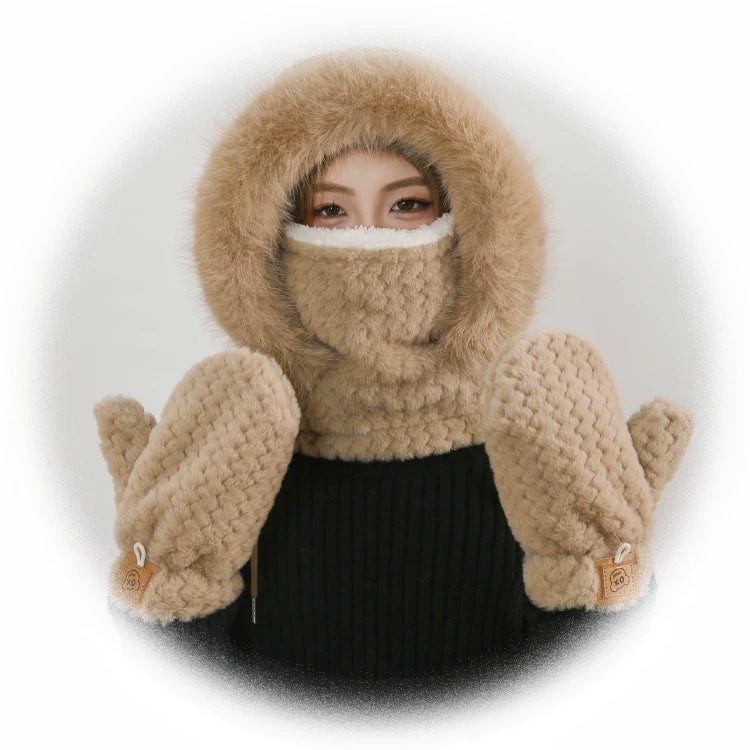 Women's Cozy Plush Winter Hood Scarf Set - All-in-One Hat, Scarf & Gloves | Polyester Cold-Proof Gear