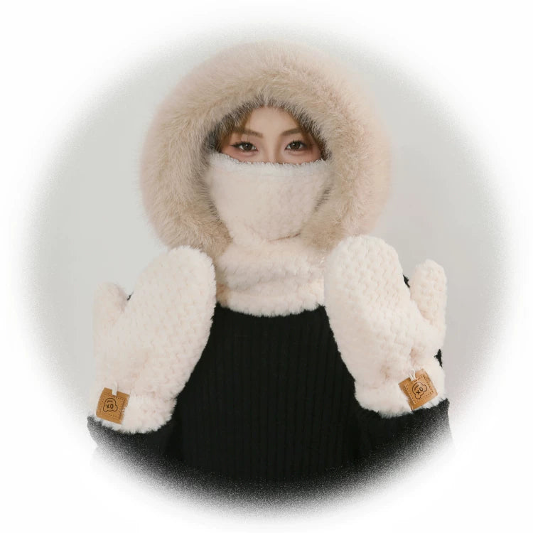 Women's Cozy Plush Winter Hood Scarf Set - All-in-One Hat, Scarf & Gloves | Polyester Cold-Proof Gear