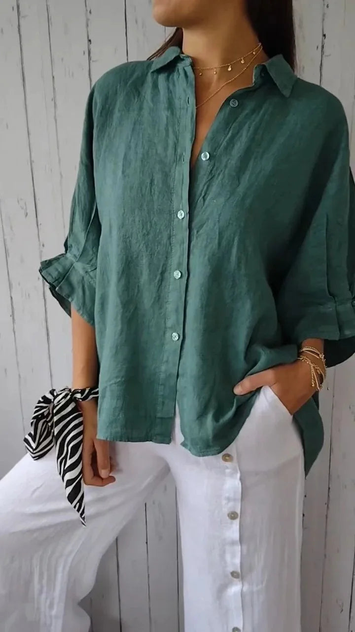Women's Cotton Linen Button-Up Shirt - Casual Loose Fit Blouse for Summer