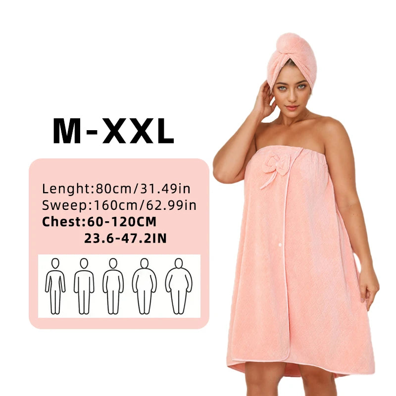 Women's Adjustable Bath Wrap Set - Ultra Soft Woven Towel & Hair Cap for Travel, Spa & Sauna