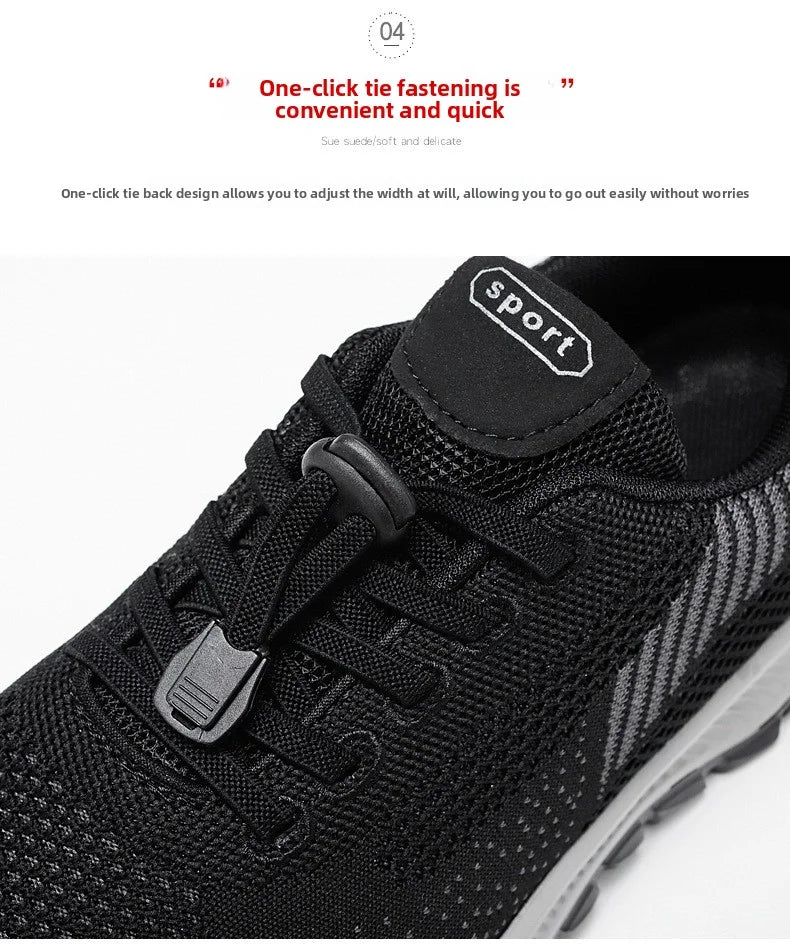 Close-up shows the one-click tie fastening system of a black "sport" shoe, highlighting its convenience and adjustable fit.
