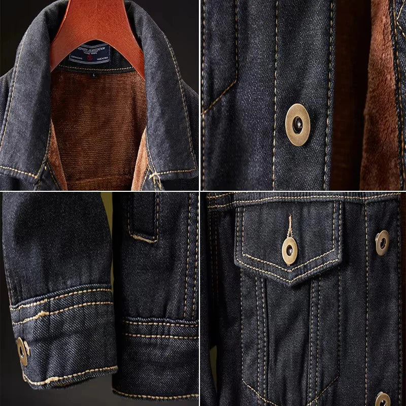 Men's Retro Denim Jacket - Warm Fleece-Lined Punk Streetwear Coat for Winter Adventures.