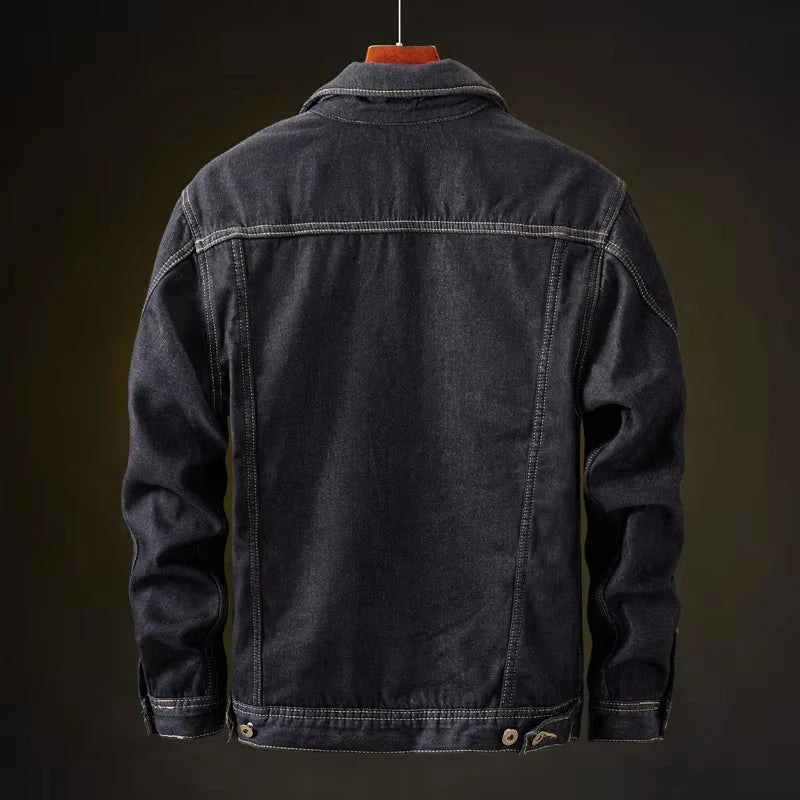 Men's Retro Denim Jacket - Warm Fleece-Lined Punk Streetwear Coat for Winter Adventures.