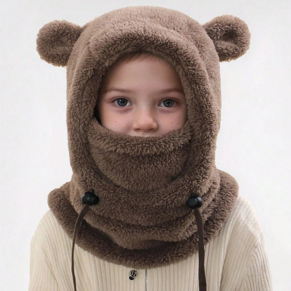 Unisex Kids Cute Bear Ear Winter Hood - All-in-One Face Cover & Scarf | Polyester Warm Balaclava Ages 2-8