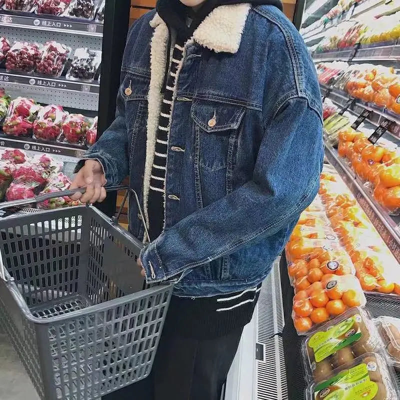 Men's Trendy Winter Denim Jacket - Thickened Lamb Wool Casual Coat.