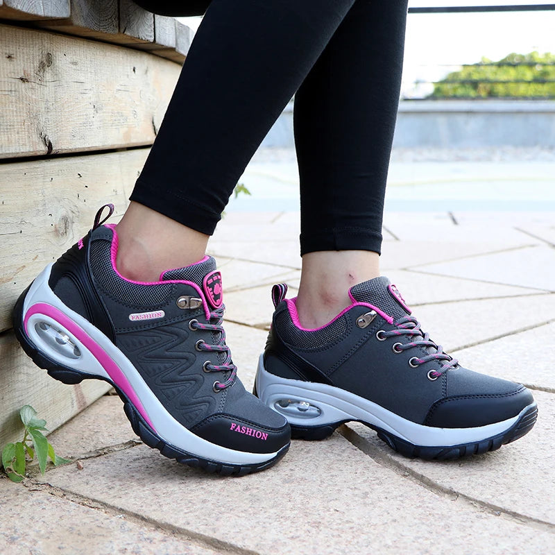 Women's Air Cushion Platform Sneakers - Waterproof Breathable Outdoor Athletic Shoes - Comfortable Lace-Up Hiking Sneakers
