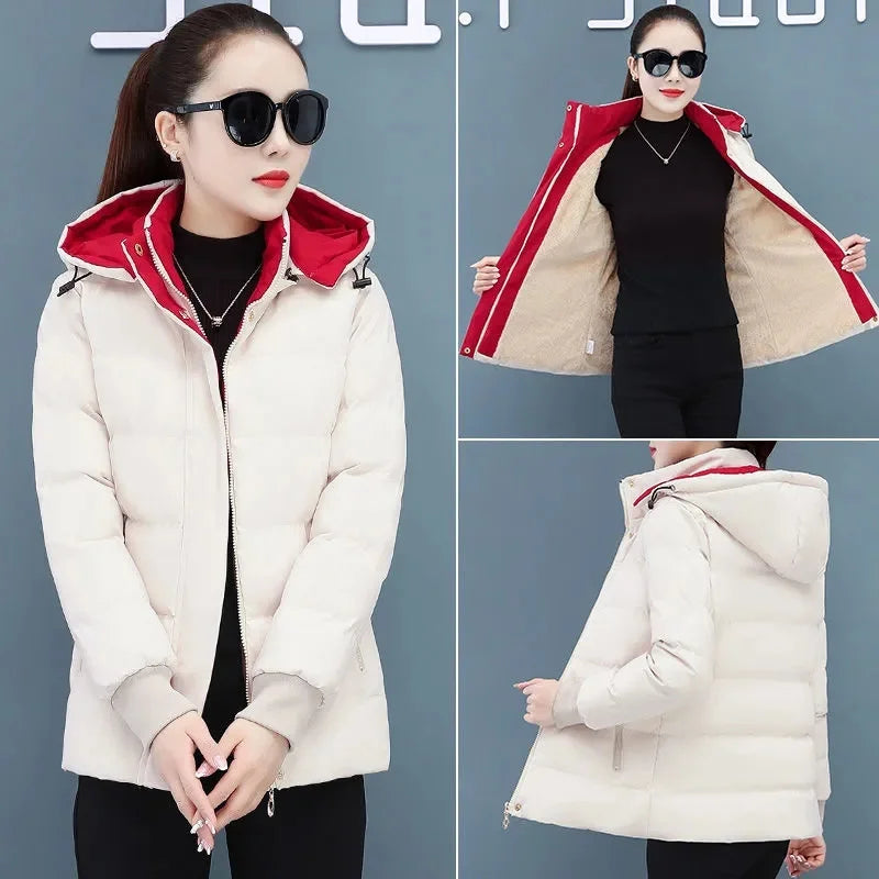 Women's Velvet Cotton Padded Winter Jacket 2025 - Detachable Hood Warm Parka Coat"