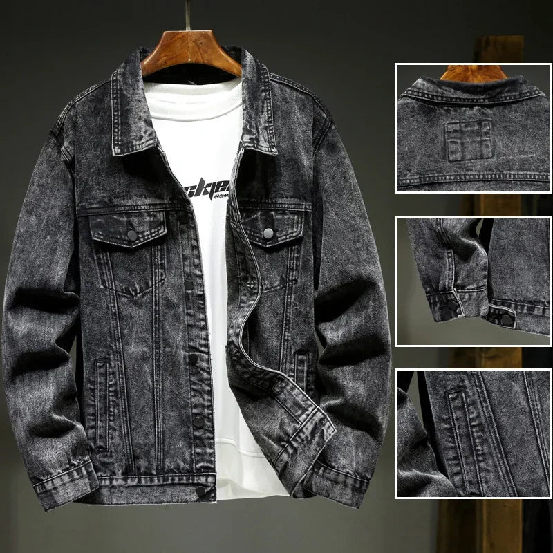 Men's Washed Denim Jacket - Casual Single Breasted Cardigan with Turn Down Collar & Pockets