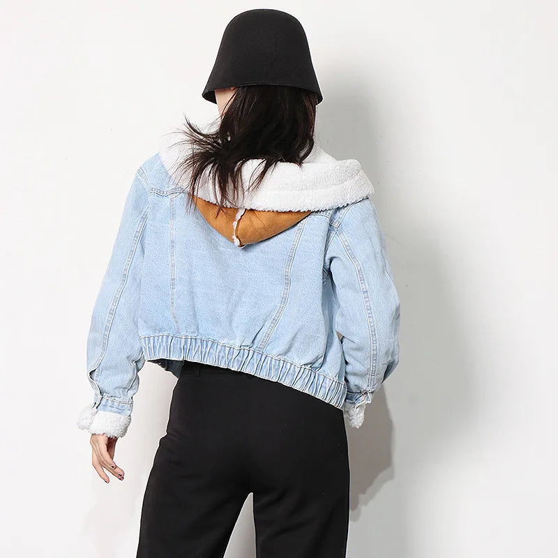 Women's Winter Denim Spliced Hooded Lamb Wool Jacket for Women-Thick Cotton Outwear with Double Pockets & Single-Breasted Closure.