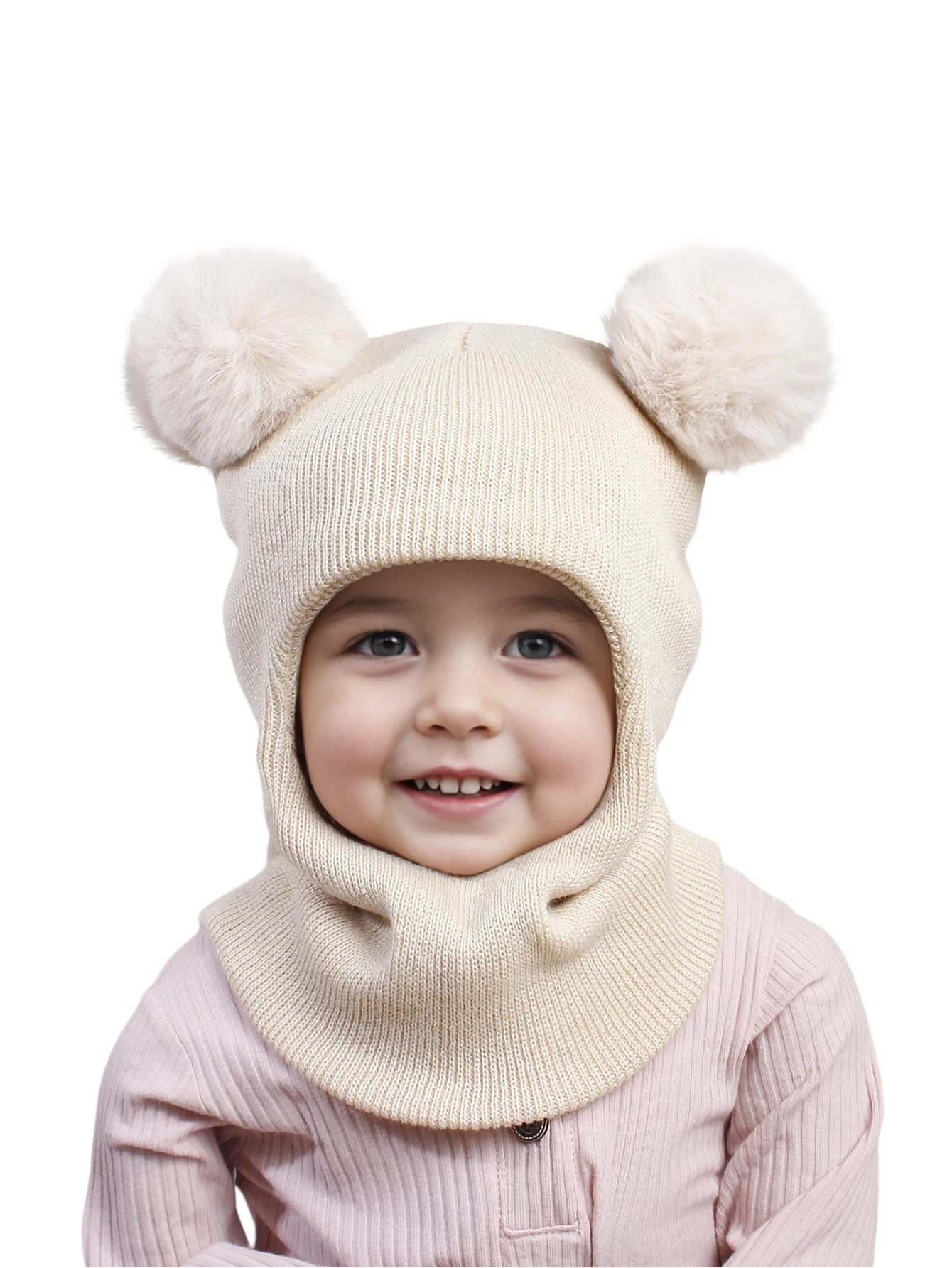 Unisex Adorable Kids Pom Pom Winter Hood - Knitted Hat & Scarf Combo | Cotton Ear-Protecting Balaclava