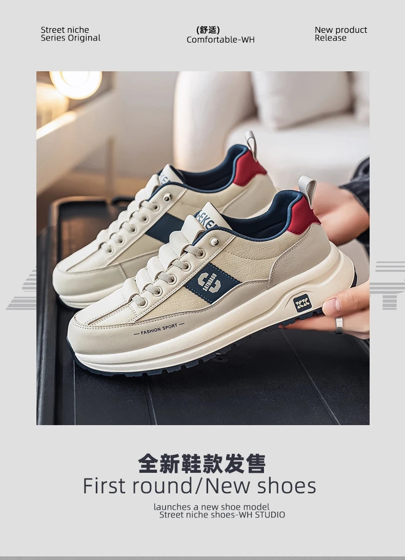 Men's Bonded Leather Lace-Up Casual Sneakers – Breathable Comfort, Non-Slip Rubber Outsole | Fashion Running Style | Black, Beige & Grey | Spring/Autumn