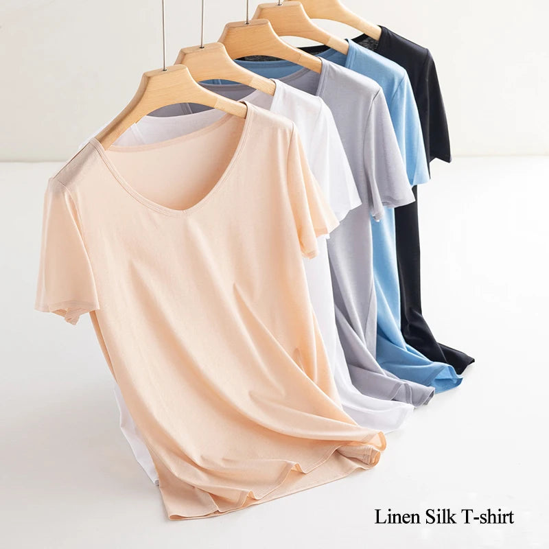 Eesswel Women's V-Neck Silk-Blend T-Shirt | Soft Breathable Summer Tee | Casual Short Sleeve Solid Top – Multiple Colors