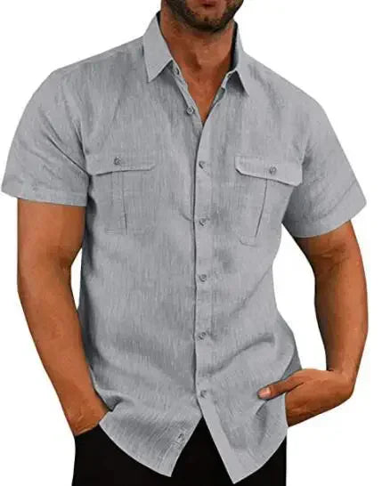DFKDZG Men's Linen Blend Short-Sleeve Casual Button-Down Shirt | Breathable Summer Beach Style, Plus Size M–4XL
