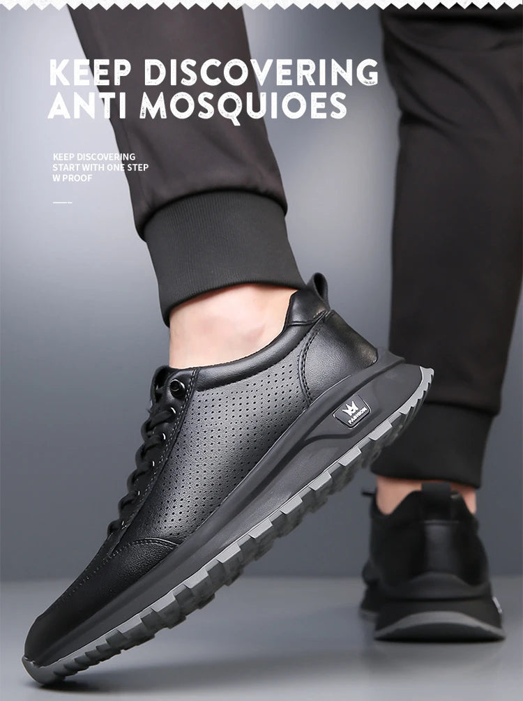 Men's Doefhom Genuine Cow Leather Sneakers — Lace-Up Casual Sport Shoes | Waterproof Outdoor Street Style Trainers for Spring & Autumn