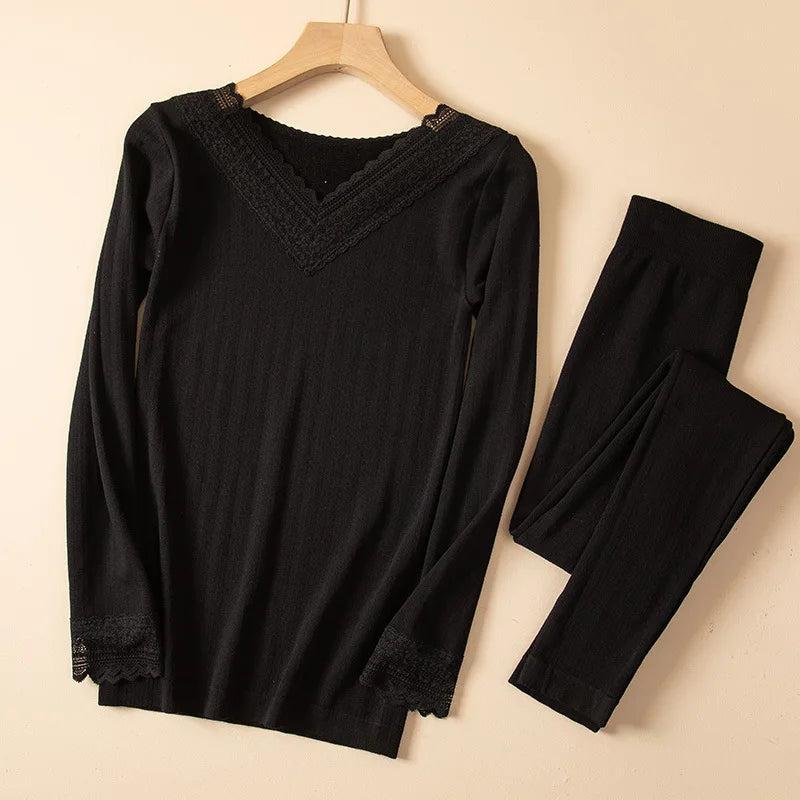 Women's Winter Lace Thermal Underwear Set: Long Sleeve V-Neck Blouse & Slim Fit Pants for Cozy Autumn Style.
