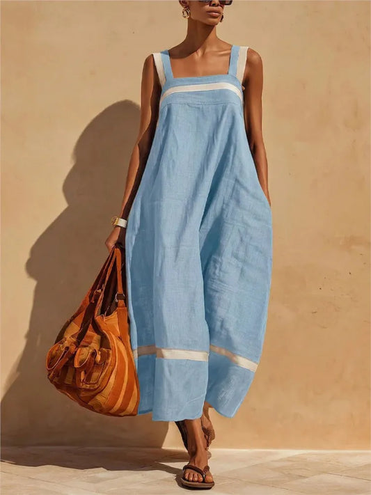 Women's Loose Suspender Dress with Pockets | Solid A-Line Midi Dress | Casual Summer Sleeveless Square Neck Sundress
