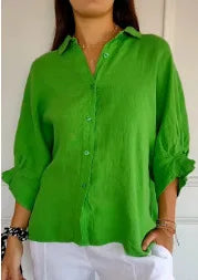 Women's Cotton Linen Button-Up Shirt - Casual Loose Fit Blouse for Summer