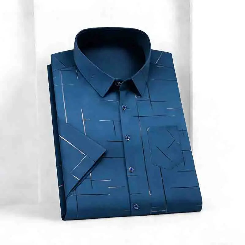 Men's 2026 Geometric Line Print Shirt Short Sleeve with Chest Pocket | 100% Cotton Button-Up Business Casual Daily Office Fashion Top.