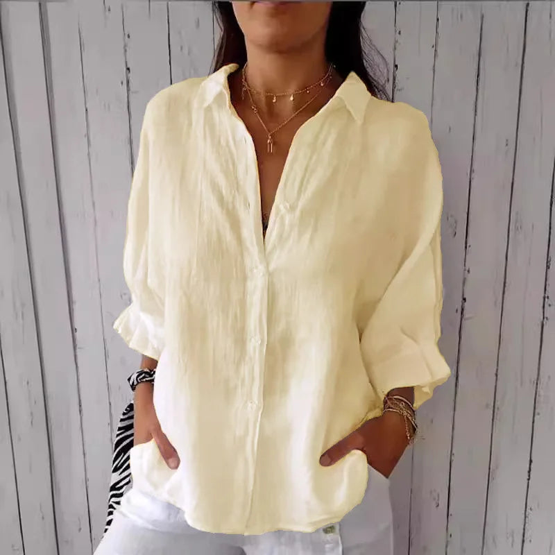 Women's Cotton Linen Button-Up Shirt - Casual Loose Fit Blouse for Summer