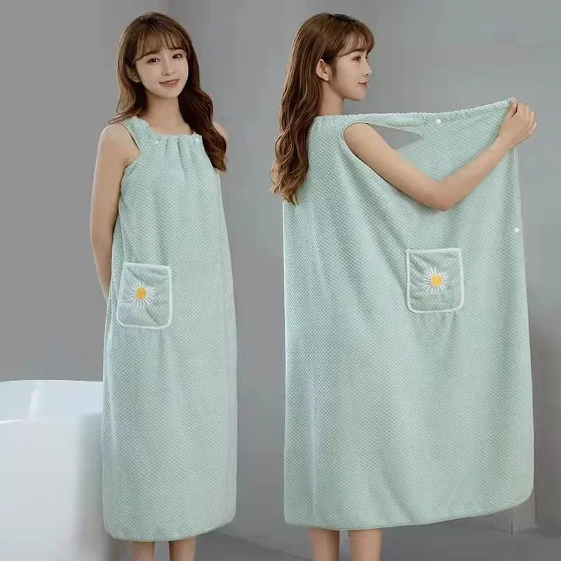 Women's Premium Combed Cotton Bath Wrap - Soft Wearable Towel Robe with Pocket for Home & Spa