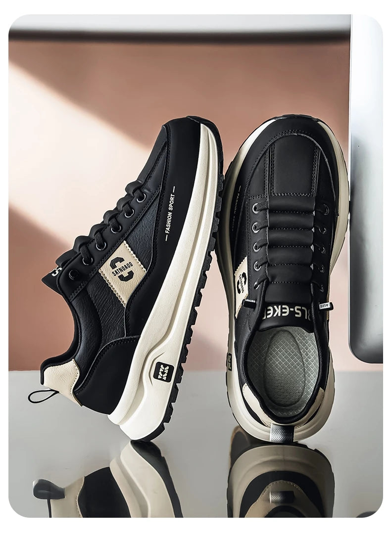 Men's Bonded Leather Lace-Up Casual Sneakers – Breathable Comfort, Non-Slip Rubber Outsole | Fashion Running Style | Black, Beige & Grey | Spring/Autumn