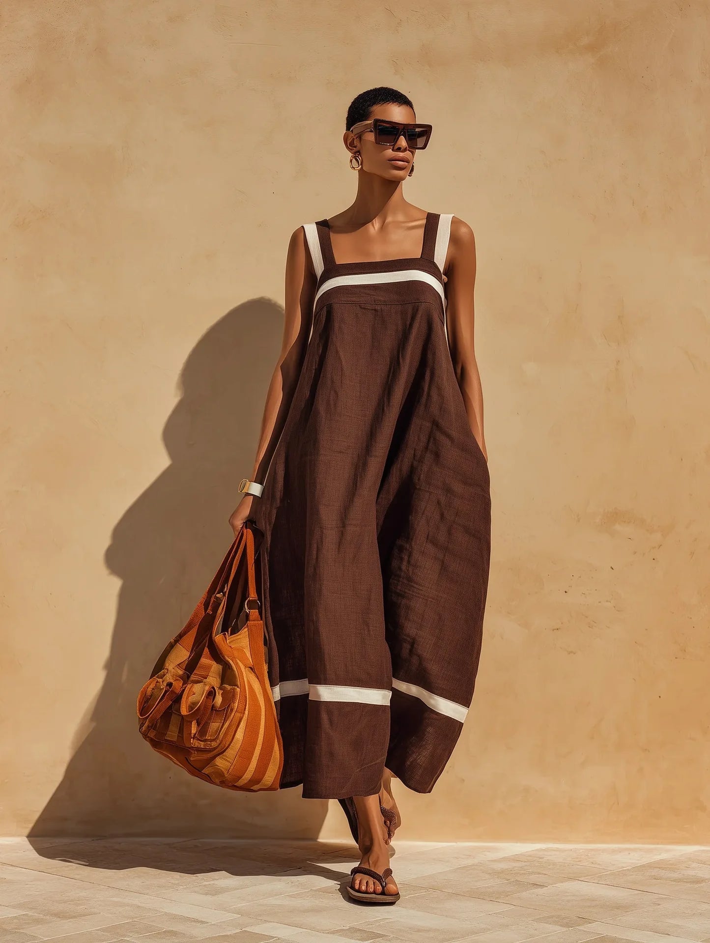 Women's Loose Suspender Dress with Pockets | Solid A-Line Midi Dress | Casual Summer Sleeveless Square Neck Sundress