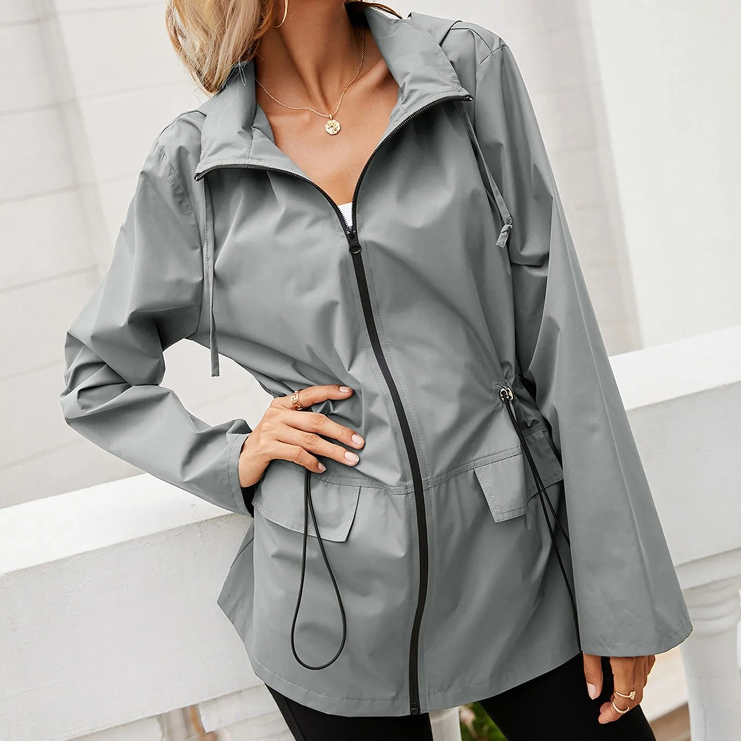 Women's Asymmetric Hooded Windproof Jacket — Plus Size Streetwear Zip-Up Coat with Flare Sleeves