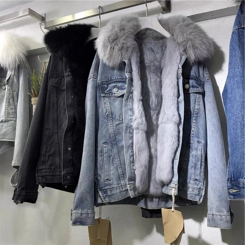 Women's Winter Denim Hooded Coat-Removable Fur Collar, Fleece Lined, Warm Cotton & Polyester Jacket.