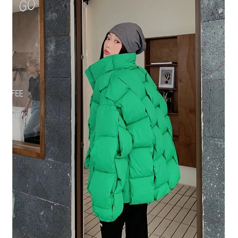 Women's Oversized Puffer Jacket - Warm Cotton Filled Winter Coat with Stand Collar