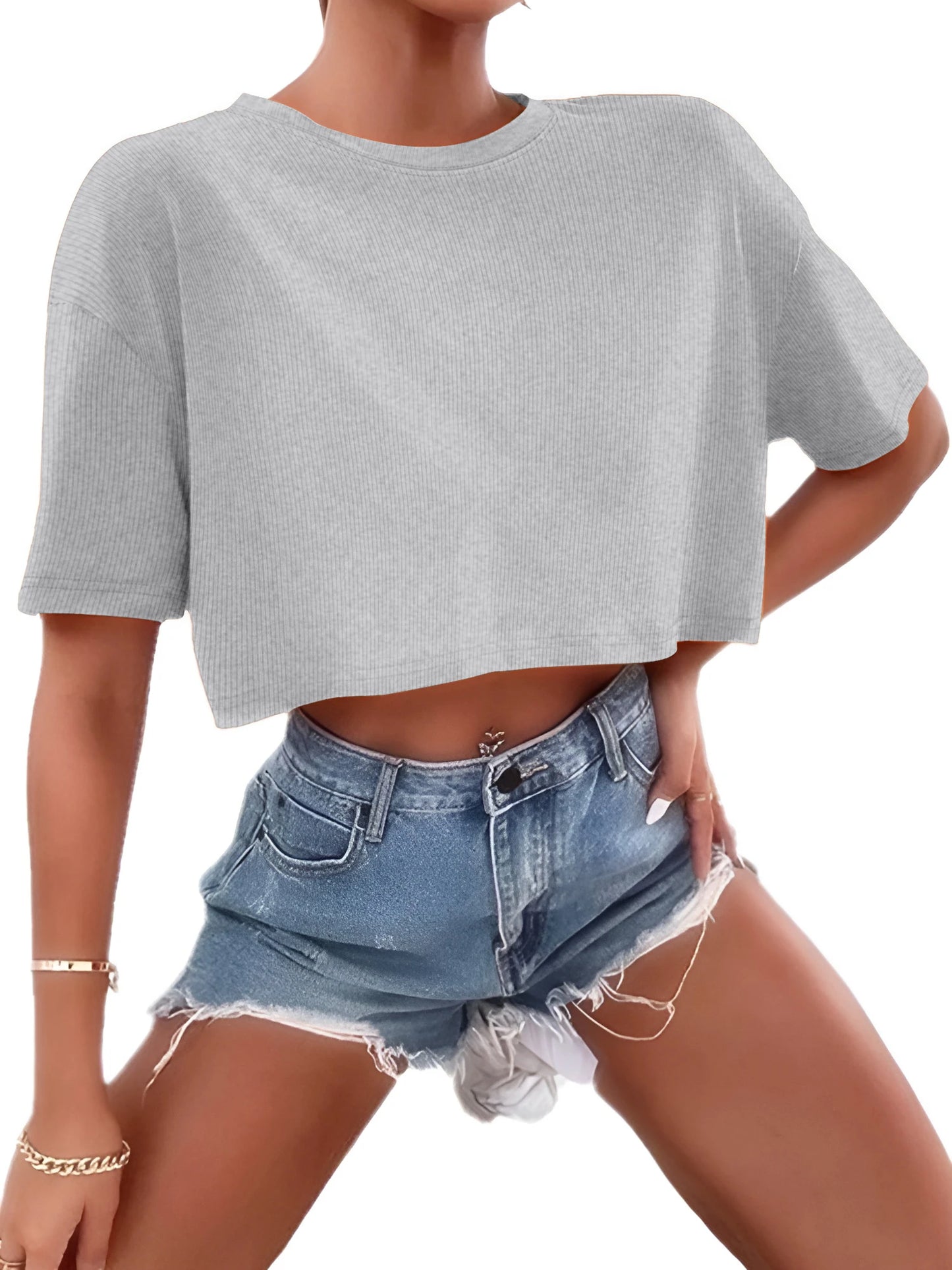 Women's Ribbed Crop Top | Short Sleeve Stretch Tee | Y2K Casual Summer Streetwear
