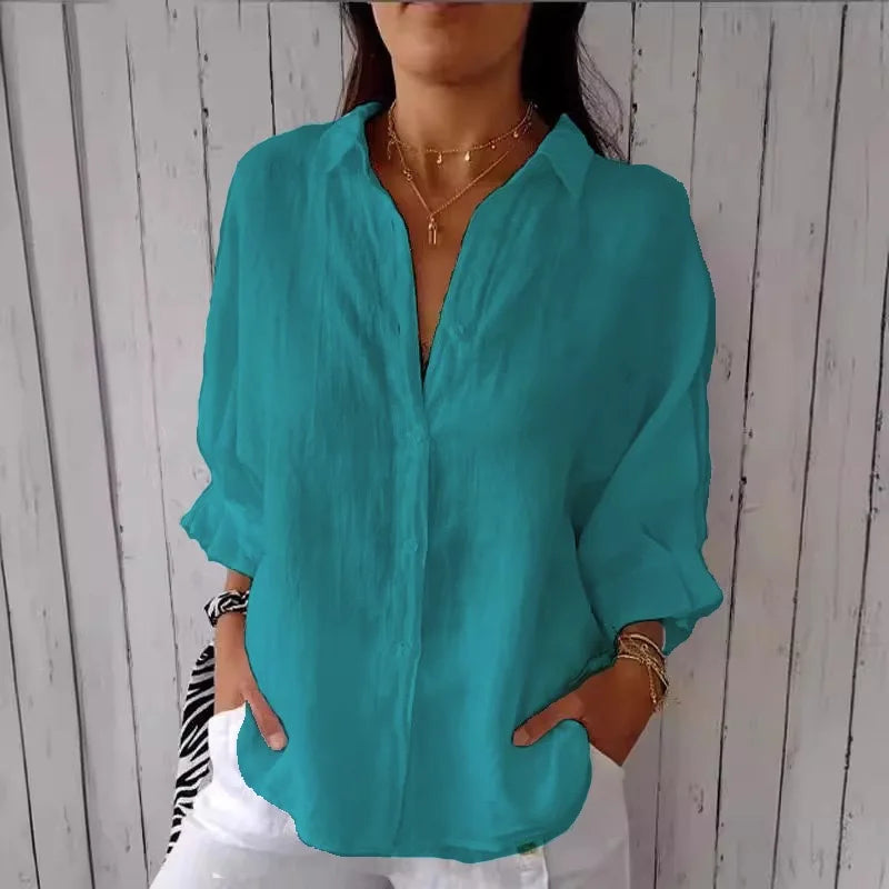 Women's Cotton Linen Button-Up Shirt - Casual Loose Fit Blouse for Summer