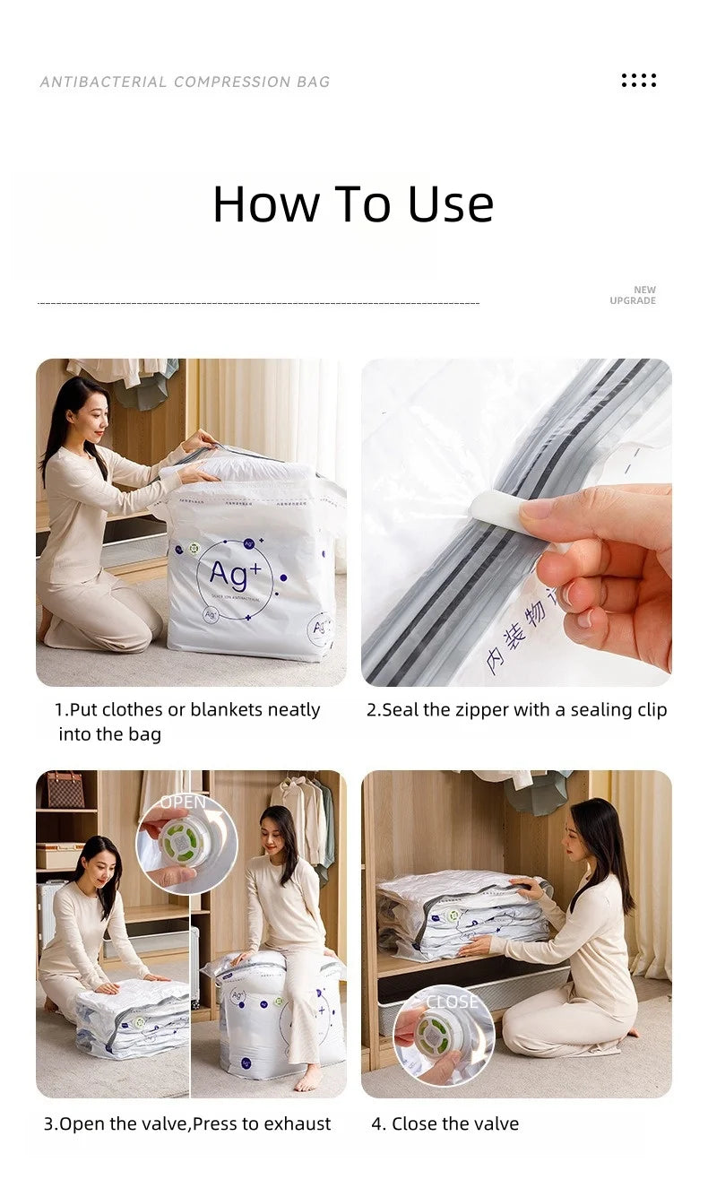 TAILI Antibacterial Vacuum Storage Bags – No-Pump Compression Bags with Ag+ Silver Ion for Clothes & Blankets | Travel & Home Organizer