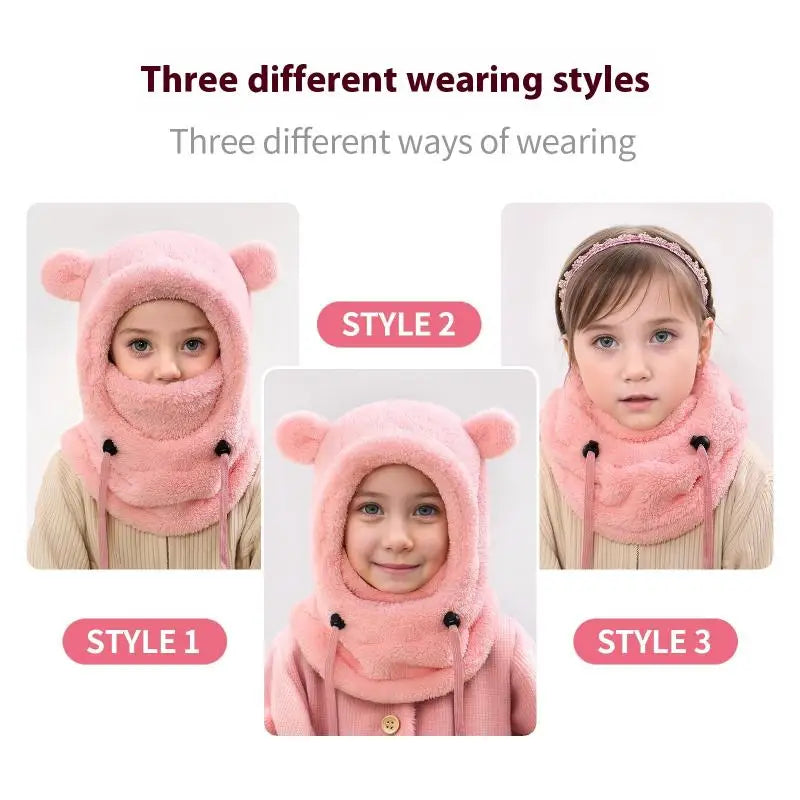 Girls Plush Balaclava Hat Scarf - Windproof Warm Ear Protection Neck Cover
