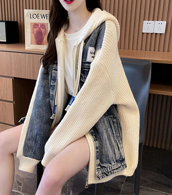 Women's Chic Black Denim Jacket-Winter 2024 Hooded Graphic Outerwear.
