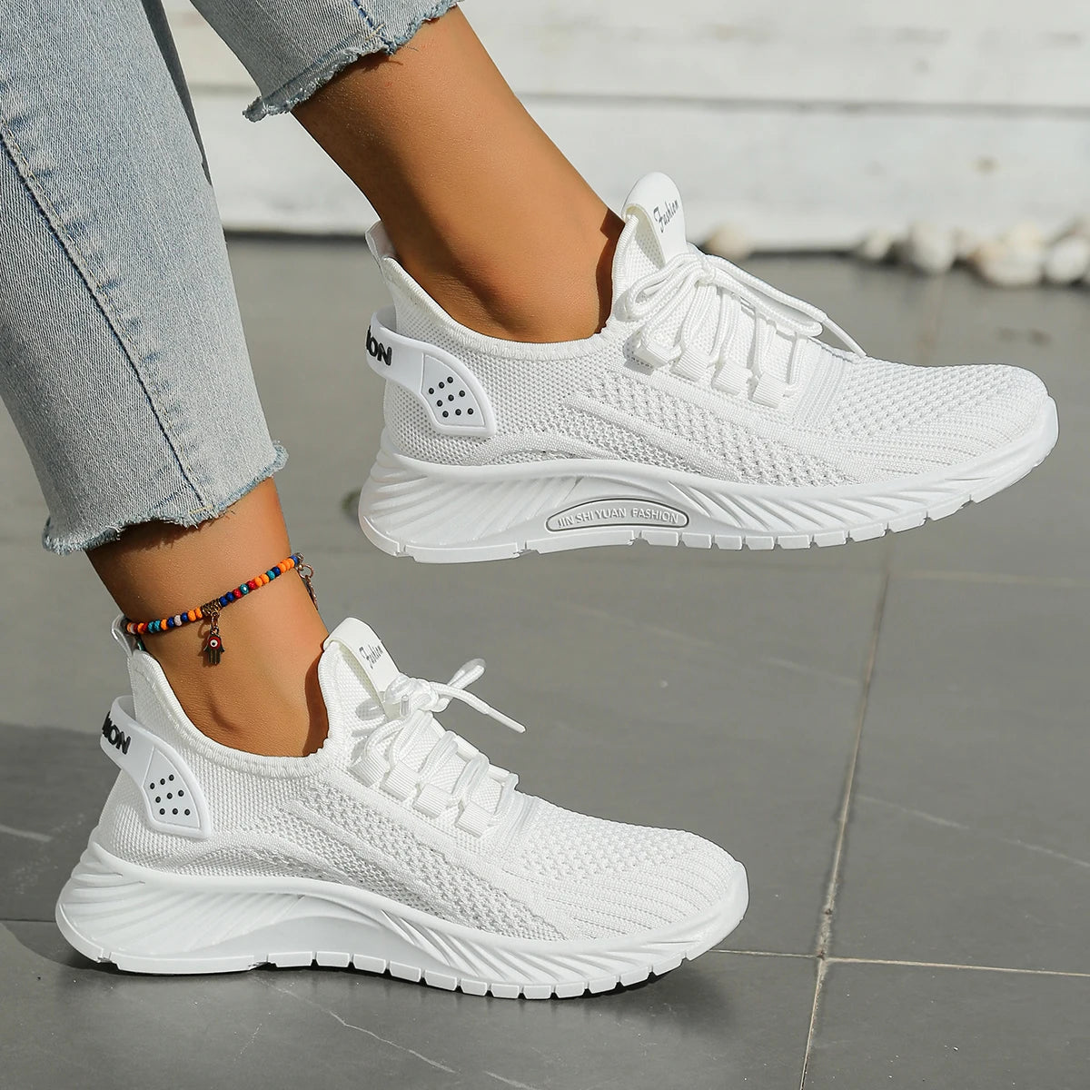 Women's Chunky Platform Sneakers - Lightweight Knit Athletic Shoes with Air Cushion Sole