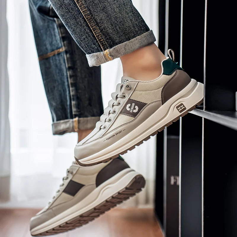 Men's Bonded Leather Lace-Up Casual Sneakers – Breathable Comfort, Non-Slip Rubber Outsole | Fashion Running Style | Black, Beige & Grey | Spring/Autumn