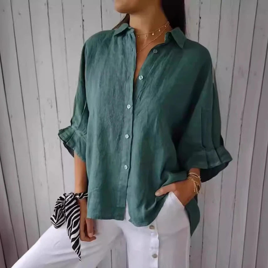 Women's Cotton Linen Button-Up Shirt - Casual Loose Fit Blouse for Summer