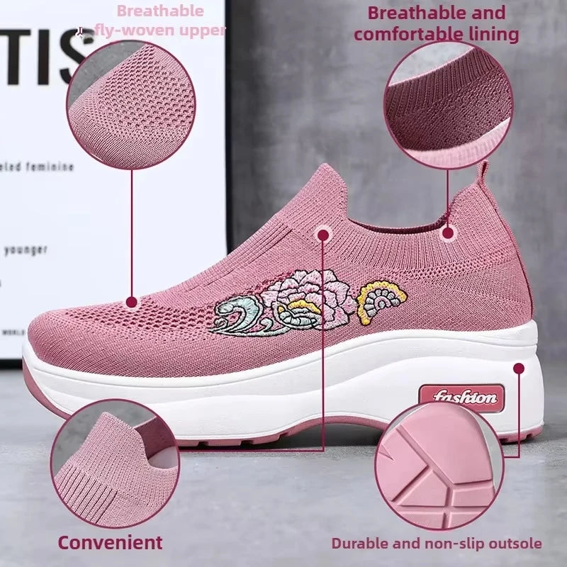 Women's Floral Embroidered Platform Slip-On Sneakers – Lightweight Mesh Walking Shoes with Cushioned Sole