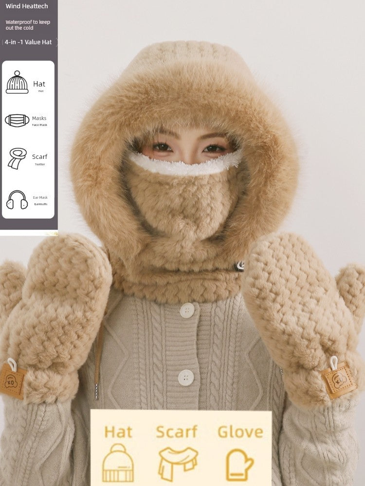 Women's Cozy Plush Winter Hood Scarf Set - All-in-One Hat, Scarf & Gloves | Polyester Cold-Proof Gear