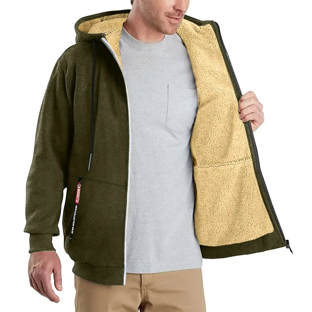 Men's Cashmere Plush Lined Sweatshirt Coat - Warm Zipper Lamb Wool Jacket with Front Pockets