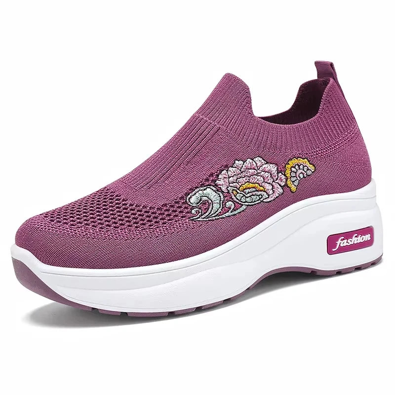 Women's Floral Embroidered Platform Slip-On Sneakers – Lightweight Mesh Walking Shoes with Cushioned Sole