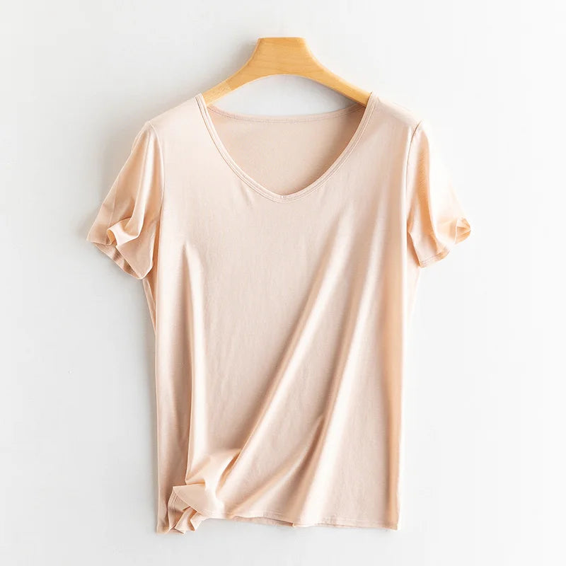Eesswel Women's V-Neck Silk-Blend T-Shirt | Soft Breathable Summer Tee | Casual Short Sleeve Solid Top – Multiple Colors