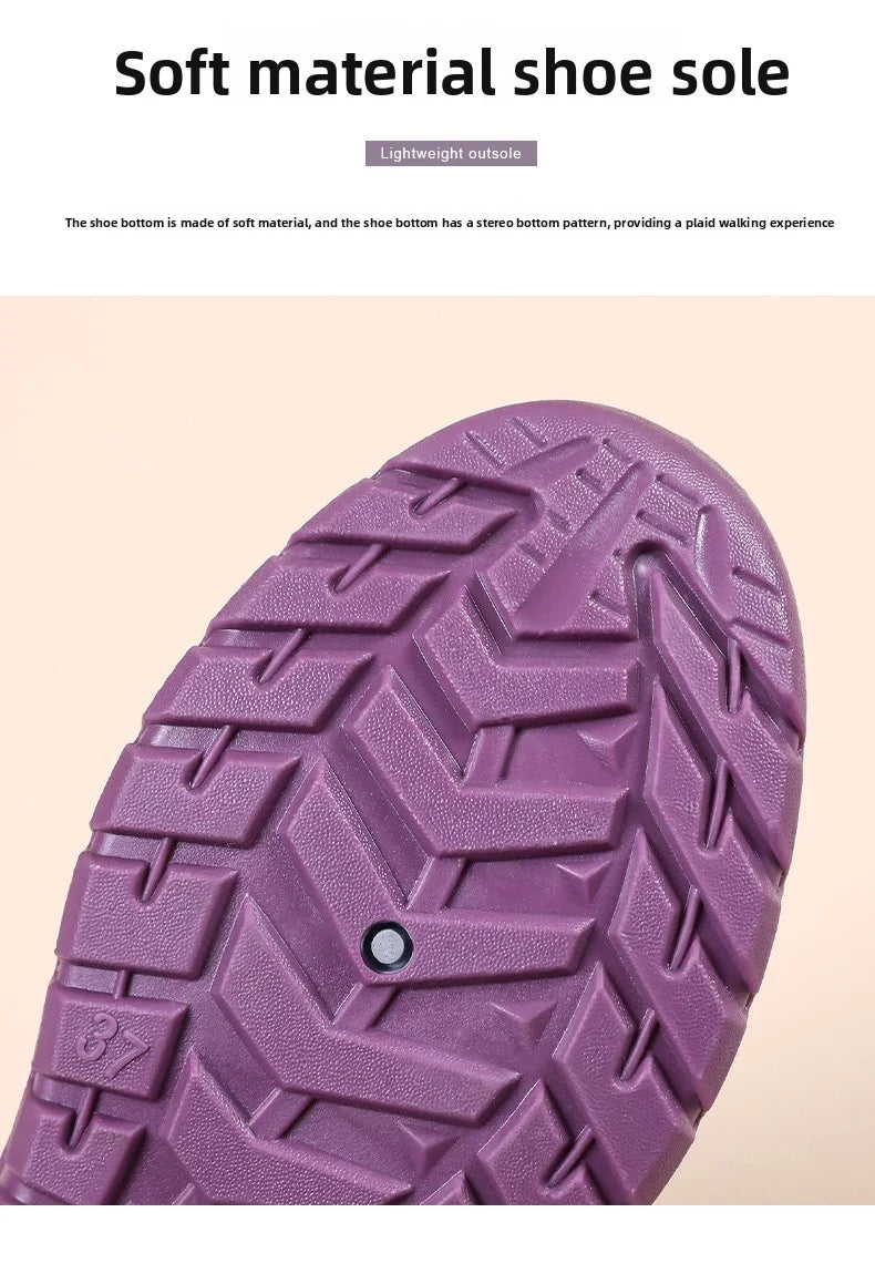 Close-up shows the textured purple outsole of a soft, lightweight shoe, offering superior grip.
